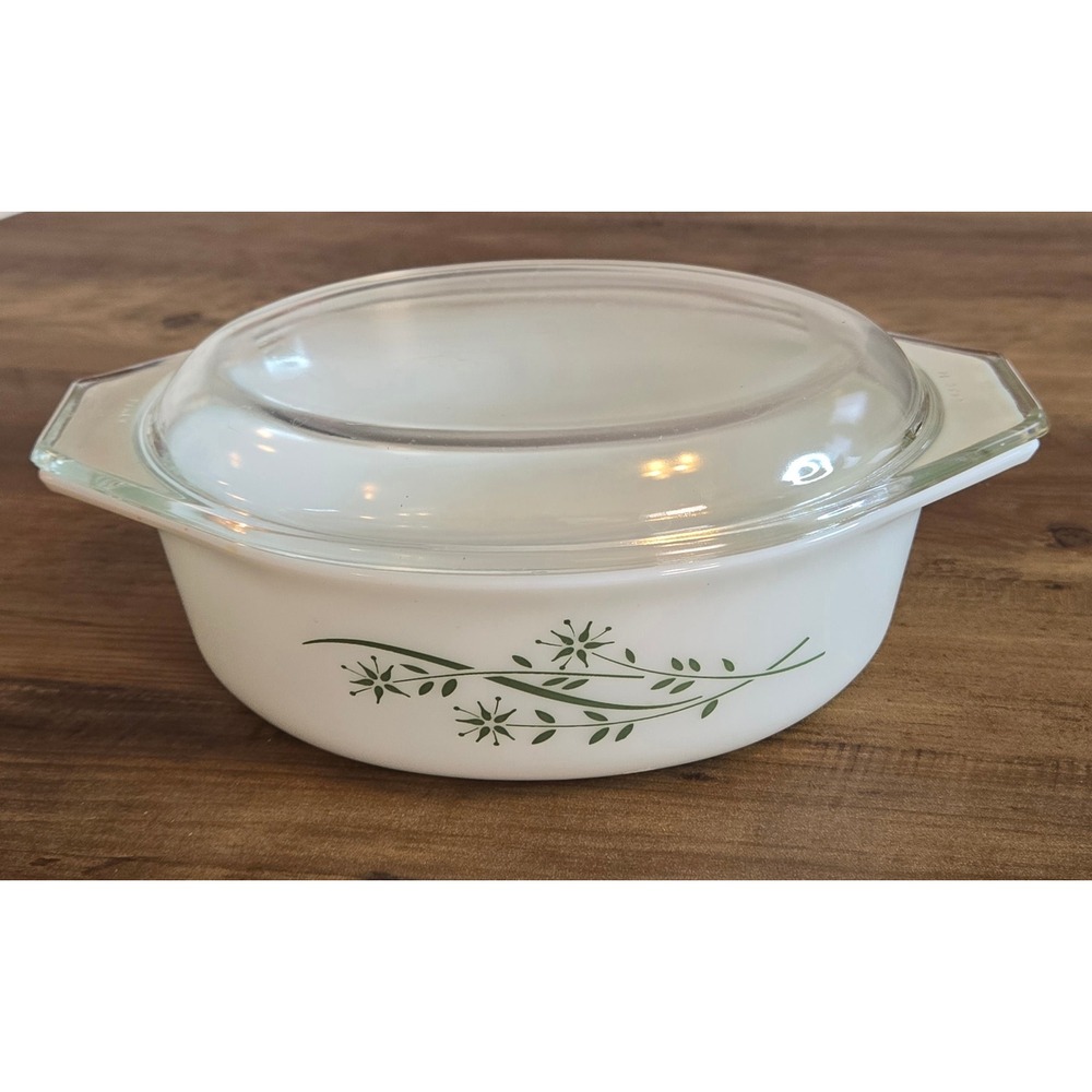 VTG PYREX Oval Promotional Dish 043 1.5 qt Green Honeysuckle Pattern 1960 w/ Lid